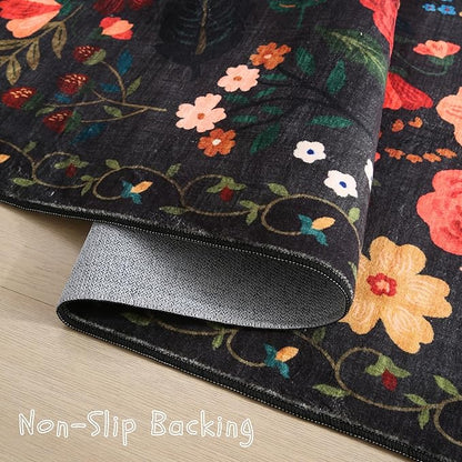 Rugcomf Door Mat Indoor Entrance 2x3 Rug Machine Washable Boho Floral Small Area Rug Non-Slip Low Pile Throw Rugs for Entryway, Kitchen, Front Door Indoor Entrance, Entry, Kids Room (Black)