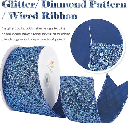 HUIHUANG Navy Blue Wired Ribbon 2.5 inch Glitter Diamond Mesh Wire Edge Ribbon for Christmas Tree, Wreaths, Garland, Gift Wrapping, Bows Making, Holiday Decor -10 Yards