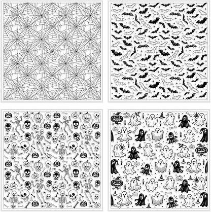 CHGCRAFT 4 Pcs Halloween Elements Polymer Clay Texture Sheets Ghosts Silicone Texture Stamp Skeletons Clay Texture Mat Modeling Pattern Pad Sheets for Jewelry and Earrings Tools, 5.5x5.5 inch