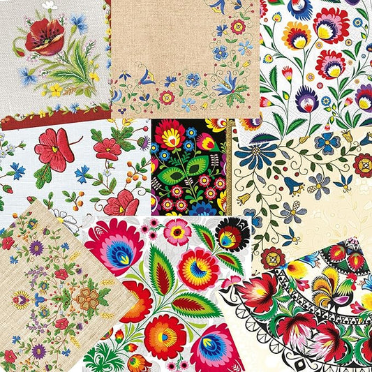 Keep Unique Mystery Pack Decoupage Paper Napkins, 20-ct Assorted Surprise Napkins, Decorative Napkins for Art Craft Junk Journal, Scrapbooking, 20 Different Folk Designs