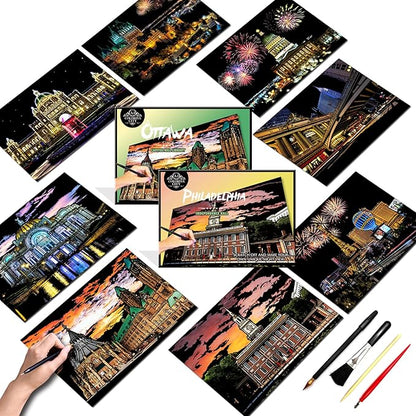 Scratch Art Painting Kit for Adults-8 Sheets A4 Rainbow Scratch Painting Paper Craft Set with City Landmarks|Stress Relief Gift for Travel&Craft Lovers|Scratch Art Home Decor(American Series)