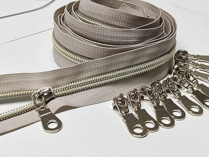 Leekayer #5 Light Gold Teeth Metallic Nylon Coil Zippers by The Yard Bulk 10 Yards Beige Tape with 25pcs Gold Sliders for DIY Sewing Tailor Craft Bag(Beige)