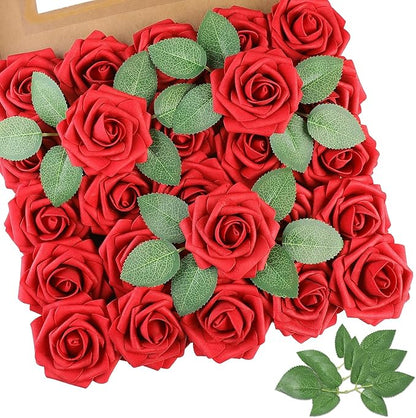 AmyHomie Artificial Flowers Red Rose 50pcs Real Looking Fake Roses w/Stem for DIY Wedding Bouquets Centerpieces Arrangements Party Baby Shower Home Decorations