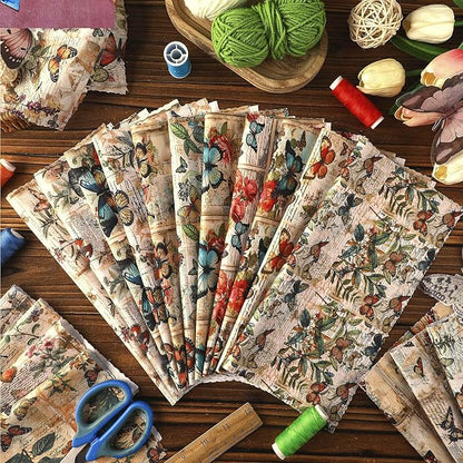 Ganeen 60 Pcs 10 x 10 Inch Vintage Butterfly Quilting Fabric Squares Summer Butterfly Fabric Bundle Retro Fat Patchwork Precut Stripes for Handmade Material Sewing DIY Crafts