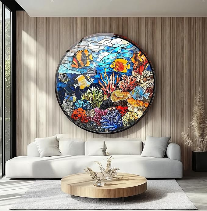 My Photostation.com 31.5''(80cm) Diameter Coral Reef Mosaic Round Glass Wall Art Tempered Glass Printing Wall Decor Large Wall Art Wall Hangings