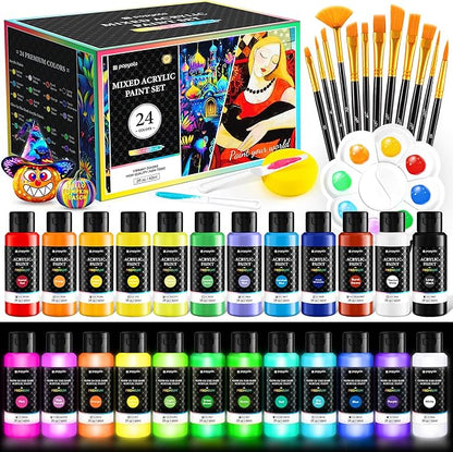 40 PCS Classic & Glow in the Dark Acrylic Paint Set with 12 Brushes, 2 Knives & Palette, 24 Colors Art Craft Paint for Beginners, Halloween Pumpkin Canvas Ceramic Rock Painting Kit