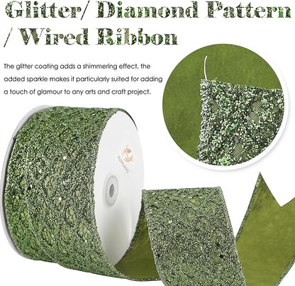 HUIHUANG Moss Green Wired Ribbon for Christmas Tree 2.5 inch Glitter Moss Diamond Mesh Ribbon for Tree Decoration, Wreaths, Garland, Gift Wrapping, Bows Making, Thanksgiving Decor -10 Yards