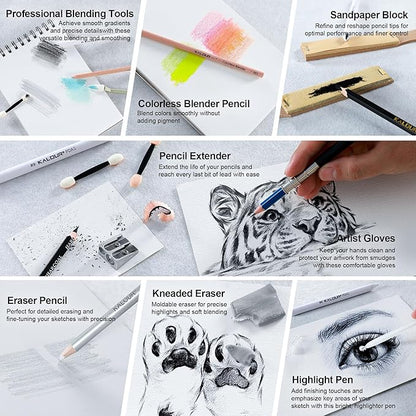 KALOUR 154PCS Artists Art Supplies - Drawing Kit with 6 Sketchbook,Tutorial,Coloring Paper - Graphite,Colored, Charcoal, Watercolor & Metallic Pencils - for Artists and Beginners