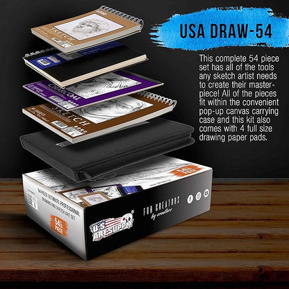 54-Piece U.S. Art Supply Drawing & Sketching Set with 4 Sketch Pads - Ultimate Artist Kit with Graphite, Charcoal, Pastels, Erasers in Pop-Up Carry Case