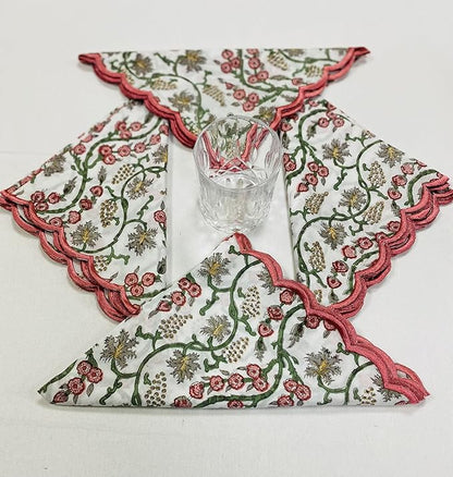 Ridhi Coral Pink Hand Block Print Napkins 18" x 18" Set of 4 Reusable Cotton Dinner Napkins for Weddings, Parties & Everyday Dining, Thanksgiving, Christmas, Fall