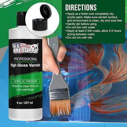 U.S. Art Supply 8 oz High Gloss Varnish for Acrylic Paintings - Clear Protective Finish with UV Protection