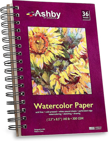 Ashby - Watercolor Paper Pads (5.5" x 8.5") - Pack of 3 (108 Total Sheets) - 140lb (300 GSM) Spiral Bound Notebook, Acid-Free, Cold Press - Ideal for Most Wet & Dry Media, Journaling and Drawing