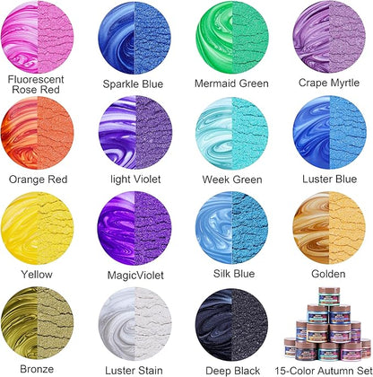 MTBJZJ Mica Powder for Resin, 15 Colors - 20g/Bottle of Epoxy Resin Color Pigment,for Candle Dye, Lip Gloss Pigment, Soap Making, Slime Colorant, Paint, Bath Bombs,Nail Polish and Eye Shadow