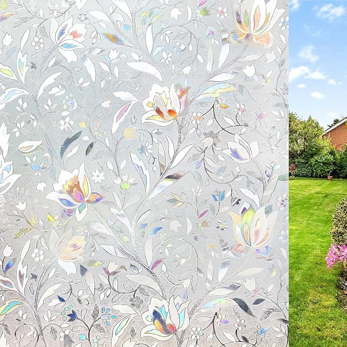 NINETREX Window Privacy Film,3D Stained Glass Window Film,Decorative Window Covering Sun Blocking Vinyl Static Cling Anti-UV Heat Control for Home Decor,Tulip 35.4 x 78.7inch