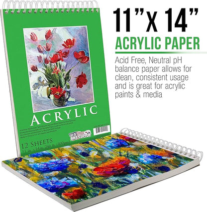 U.S. Art Supply 9x12 Premium Heavy-Weight Acrylic Painting Paper Pad, 246lb (400gsm), 2 Pack, 12 Sheets, Spiral Bound, for Acrylic Paint
