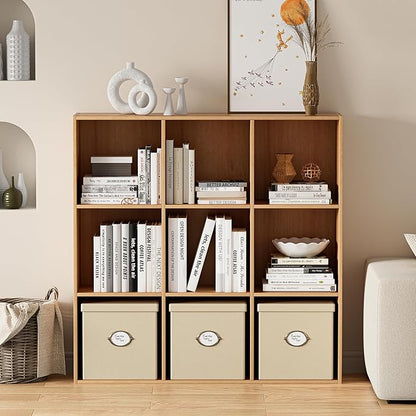 Wooden Storage Organizer with Closed Back Panel, 11in Cube Shelf Opening, Bookshelf, Display Shelf,Closet Cabinet for Home and Office (Natural Oak, 9-Cube 35.98L*9.45W*35.91H)
