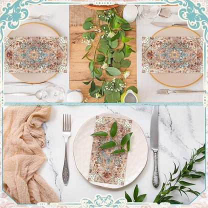 Yeaqee 100 Pcs Vintage Boho Napkins Paper Guest Towels 2 Ply Decoupage Napkins Disposable Decorative Hand Towel for Bathroom Kitchen Fall Wedding Party Dinner(Brick Red and Dark Blue)