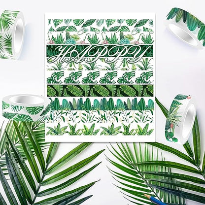 Greenery Washi Tape Set 12 Rolls, Tropical Leaves Masking Tape Hawaii Green Plants Cactus Summer Greenery Decorative Stickers for Note Scrapbook Handbook Sticker Gifts Wrapping DIY Art Crafts