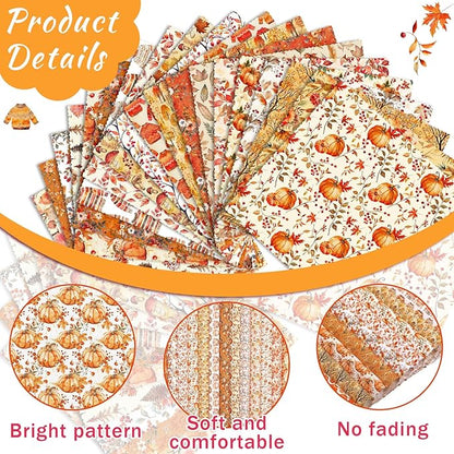 Ganeen 60 Pcs 10 x 10 Inch Fall Quilting Fabric Squares Thanksgiving Fat Patchwork Precut Strips Retro Pumpkin Maple Leaf Bundles for Harvest Autumn Holiday DIY Craft Sewing Quilt Material Handmade