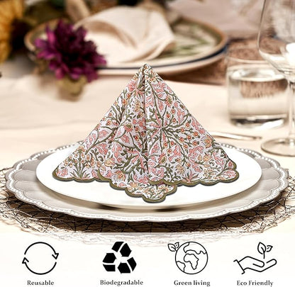 Ridhi Sassy Salmon Pink Hand Block Print Napkins 18" x 18" Set of 4 Reusable Cotton Dinner Napkins for Weddings, Parties & Everyday Dining, Thanksgiving, Christmas, Fall