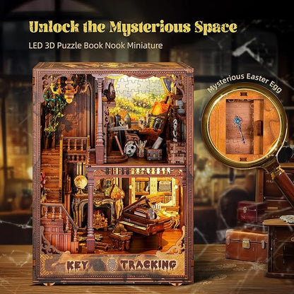3D Wooden Puzzle Book Nook Kit with LED Light, DIY Miniature Bookshelf Insert Décor for Display, Unique Craft Gift for Adults and Teens (Key Tracking)