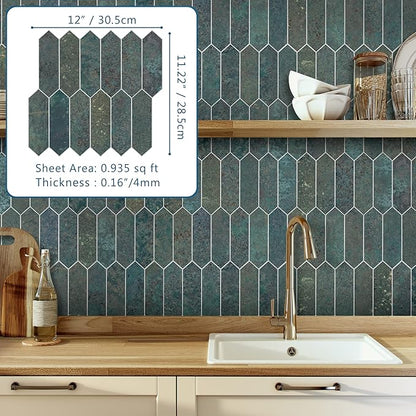 SUNWINGS Backsplash Tile for Kitchen Peel and Stick, Stone Composite Self Adhesive Tiles Faux Marble Pattern Long Hexagon Mosaic Wall Tile for Kitchen, 12 Inch x 11.22 Inch 10 Sheets Green