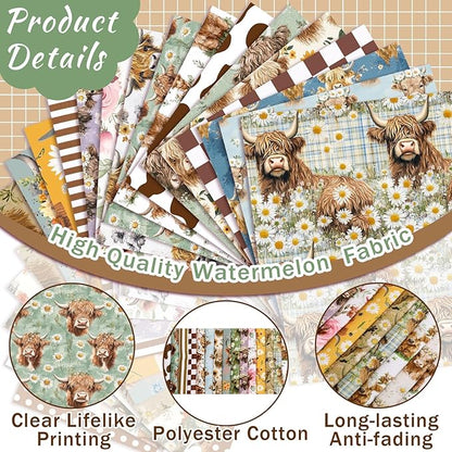 Ganeen 60 Pcs 10 x 10 Inch Highland Cow Quilting Fabric Squares Vintage Highland Cow Fat Patchwork Precut Strips Retro Multicolor Fabric Bundles for Holiday DIY Craft Sewing Quilt Material Handmade