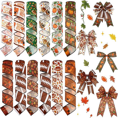 12 Rolls Fall Football Wired Edge Ribbon for Wreaths 2 Inch x 60 Yards Maple Leaves Pumpkin Football Print Ribbon Crafts for Thanksgiving Harvest Party Decorative Supplies, 12 Styles
