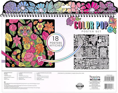 Fashion Angels Color Pop Poster Set, Includes 18 Posters & 8 Brush Tip Markers for Kids, Tweens & Teens, Perfect for Arts & Crafts, Coloring & DIY Room Decor