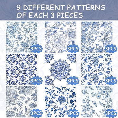 Decoupage Napkins Assorted Floral 27 Pack 9 Styles for DIY Crafting Birthday Party ， Decorative Decoupage Napkins Cocktail Paper ，Each Unfolded 13 Inch (Blue and White Floral)