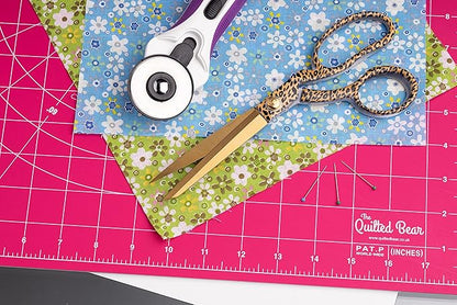 The Quilted Bear Rotating Cutting Mat 7" x 7" - Locking & Rotating Self Healing Cutting Board for Sewing, Fabric & Effortless Quilting - 360 Degree Sewing Supplies Mat for Craft Table (Pink)