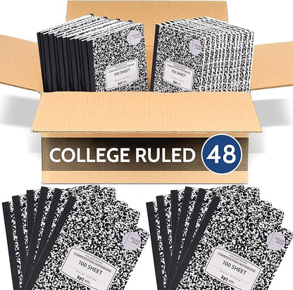 EPI Marble Hardcover College Ruled Composition Notebook | 200 Pages (100 Sheets), 9.75 x 7.5 in, Sturdy Sewn Binding | School, Office, Journaling, Notes - 48 Pack