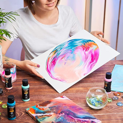 ARTEZA Acrylic Pouring Paint Set of 32, 2 ounce Bottles, Assorted Colors, High Flow Paint, Art Supplies for Pouring on Canvas, Glass, Paper, Wood