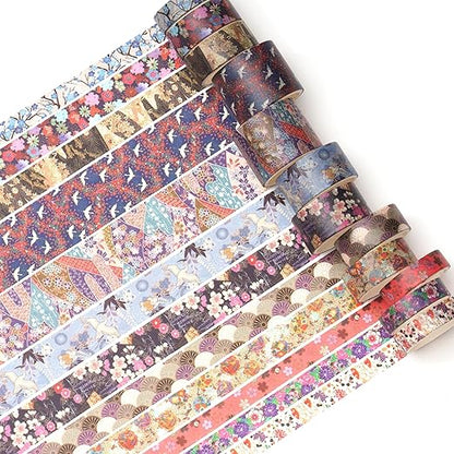 12 Rolls Kyoto Charm Washi Tape Set Japanese Arts Adhesive Tapes Geometric Garden Decorative Masking Tape Sets for Craft, Kids, Scrapbook, DIY, Gift Wrapping (Purple Sakura)