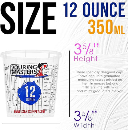 Pouring Masters 12 Ounce (350ml) Graduated Plastic Mixing Cups (Box of 20) - Paint Mixing Cups for Epoxy Resin, Art, Kitchen, Baking - Measurements in OZ and ML, 4 Different Measuring Ratios 1:1