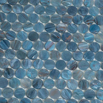 Denim Blue Penny Round Mosaic Glass Tile – 12.2 x 12.2 Inch - 10 Sheet Pack - Luxurious Design for Bathroom Walls, Kitchen Backsplash, Shower Walls - Elegant Wall Decor - NOT Peel and Stick Tile