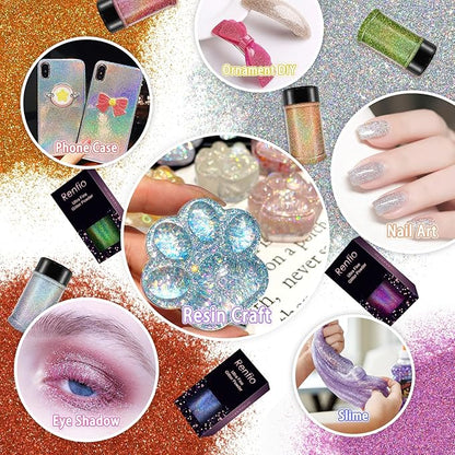 Renfio Holographic Ultra Fine Glitter Powder Metallic Resin Glitter 2.11 Oz (60g) PET Flakes Crafts Sequins 1/128" 0.008" 0.2mm Epoxy Chips Flakes for Tumblers Slime - Laser Pink
