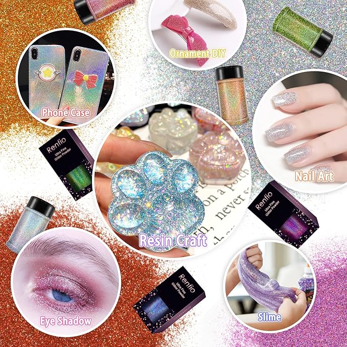 Renfio Holographic Ultra Fine Glitter Powder Metallic Resin Glitter 2.11 Oz (60g) PET Flakes Crafts Sequins 1/128" 0.008" 0.2mm Epoxy Chips Flakes for Tumblers Slime - Laser Deep Pinkish