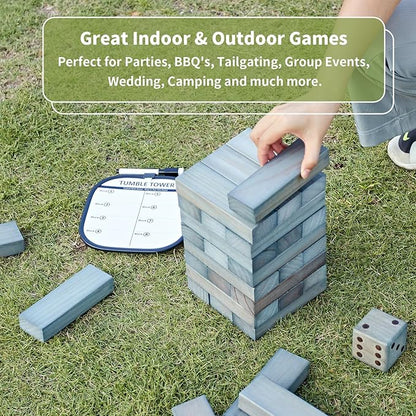 ApudArmis 60 PCS Giant Tumble Tower Stack to 5Ft, Pine Wooden Stacking Timber Game with 1 Dice Set - Classic Block Giant Outdoor Game for Teens Adults Family (Gray)