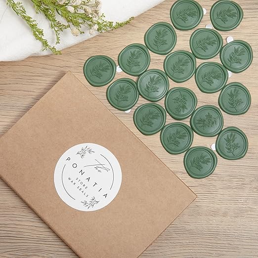 PONATIA Olive Green Wax Seal Stickers - 50 Pcs Self- Adhesive Wedding Envelopes Seal Stickers, Perfect for Invitation, Christmas Cards, Gift Wrapping, Party Menu Décor