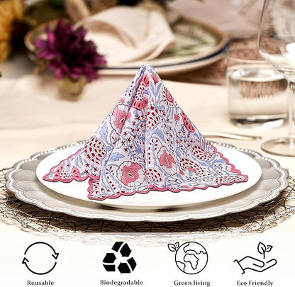Ridhi Pigeon Blue Hand Block Print Napkins 18" x 18" Set of 4 Reusable Cotton Dinner Napkins for Weddings, Parties & Everyday Dining, Thanksgiving, Christmas, Fall