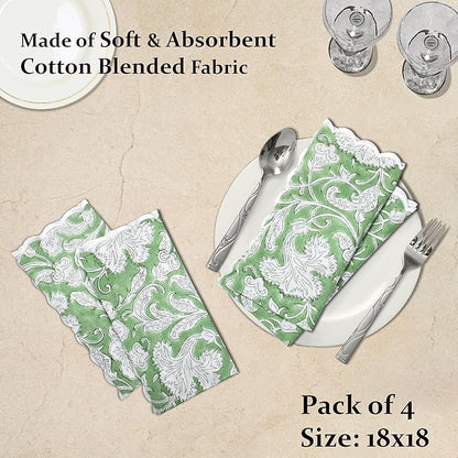 Ridhi Sage Green Hand Block Print Napkins 18" x 18" Set of 4 Reusable Cotton Dinner Napkins for Weddings, Parties & Everyday Dining, Thanksgiving, Christmas, Fall