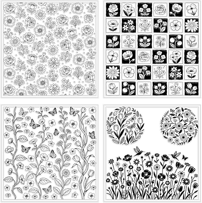 CHGCRAFT 4 Sheets 4 Styles Wildflowers Polymer Clay Texture Sheets Bushes Silicone Texture Stamp Hummingbirds Modeling Pattern Pad Texture Sheets for Making Earrings Jewerly, 5.5x5.5 inch