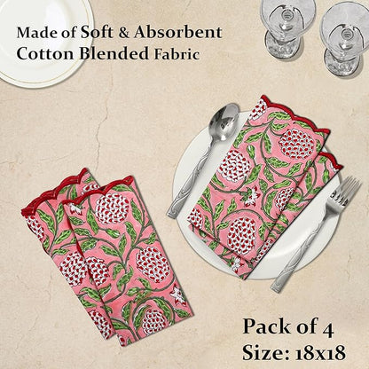 Ridhi Strawberry Pink Hand Block Print Napkins 18" x 18" Set of 4 Reusable Cotton Dinner Napkins for Weddings, Parties & Everyday Dining, Thanksgiving, Christmas, Fall