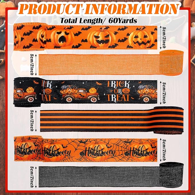 12 Rolls Halloween Wired Edge Ribbon for Wreaths 2 Inch x 60 Yards Bat Spider Web Pumpkin Print Ribbon Ghost Witch Hat Crafts for Halloween Party Decorative Supplies, 12 Styles
