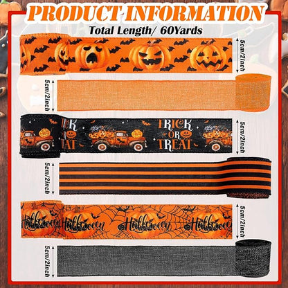 12 Rolls Halloween Wired Edge Ribbon for Wreaths 2 Inch x 60 Yards Bat Spider Web Pumpkin Print Ribbon Ghost Witch Hat Crafts for Halloween Party Decorative Supplies, 12 Styles