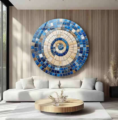 My Photostation.com 24''(60cm) Diameter Coastal Sunburst Beige & Blue Round Glass Wall Art Tempered Glass Printing Wall Decor Large Wall Art Wall Hangings