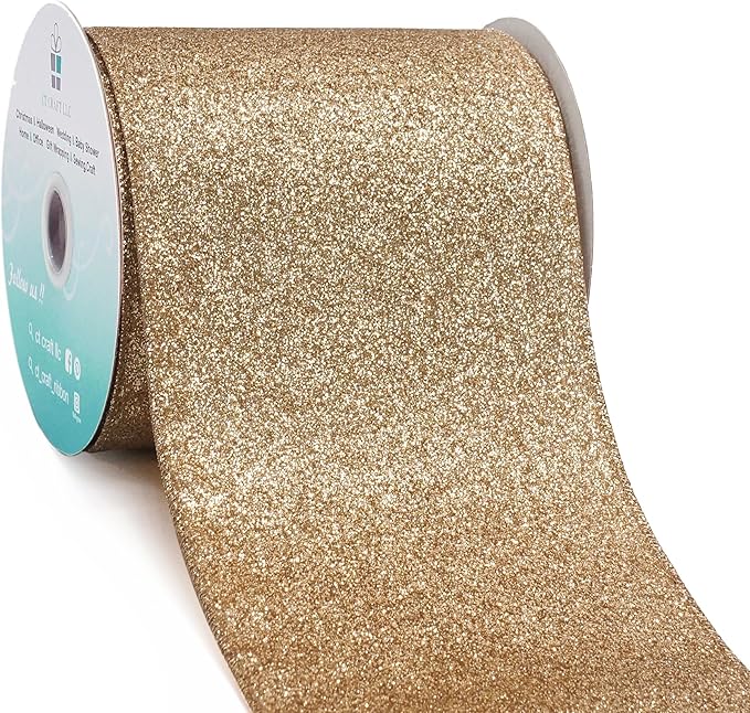 CT CRAFT LLC Glitter Wired Ribbon 4" x 10 Yards Gold (Champagne Gold) for Christmas Home Decor Bow Gift Wrapping DIY Crafts Wreath