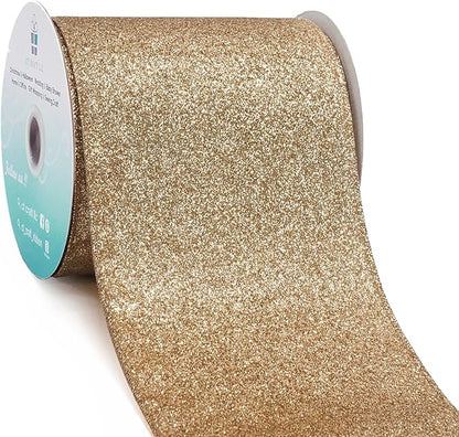CT CRAFT LLC Glitter Wired Ribbon 4" x 10 Yards Gold (Champagne Gold) for Christmas Home Decor Bow Gift Wrapping DIY Crafts Wreath