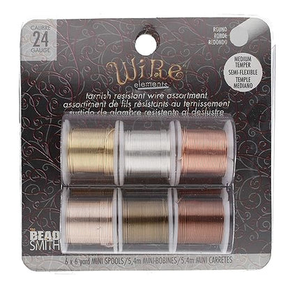 The Beadsmith Craft Wire Assortment - Tarnish-Resistant Copper Wire for Jewelry Making, 6-Pack, 0.75-Inch Mini Spools, 6 Yd Each, 24-Gauge, Assorted Colors, Medium Temper